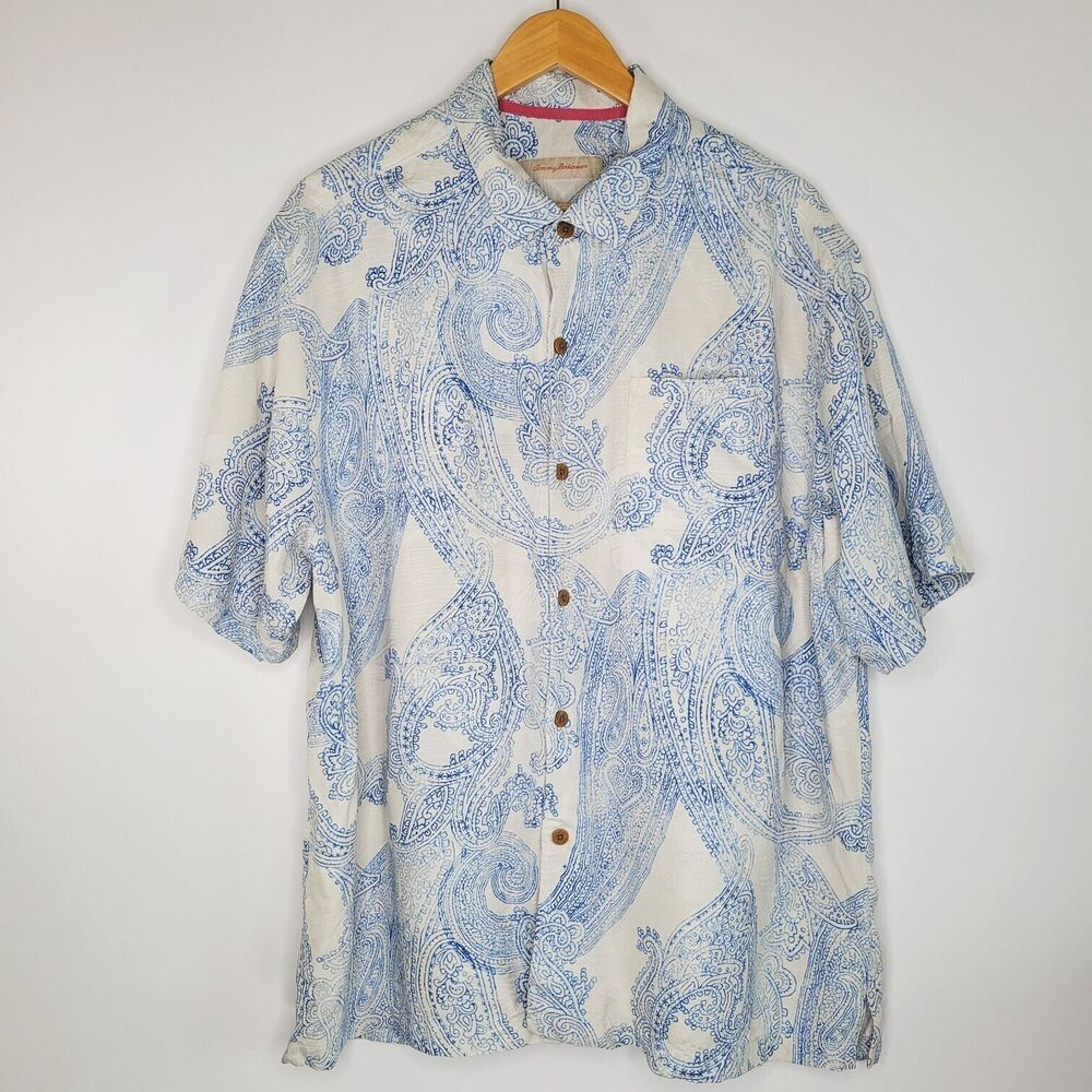 TOMMY BAHAMA Off-White Blue Button Up Size XL Paisley Print Embossed Silk